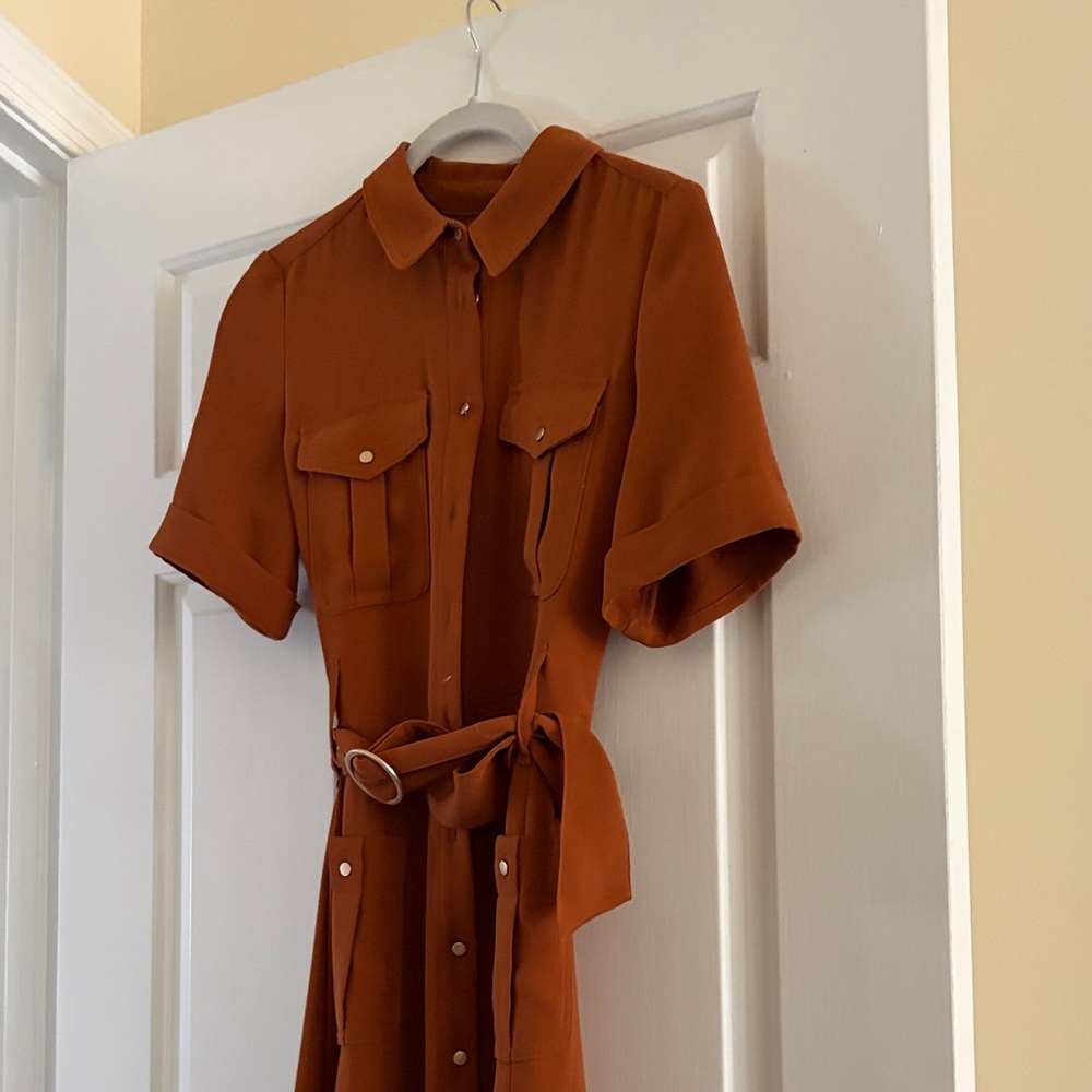 Sezane Rust-Brown Short Sleeve Midi Shirt Dress